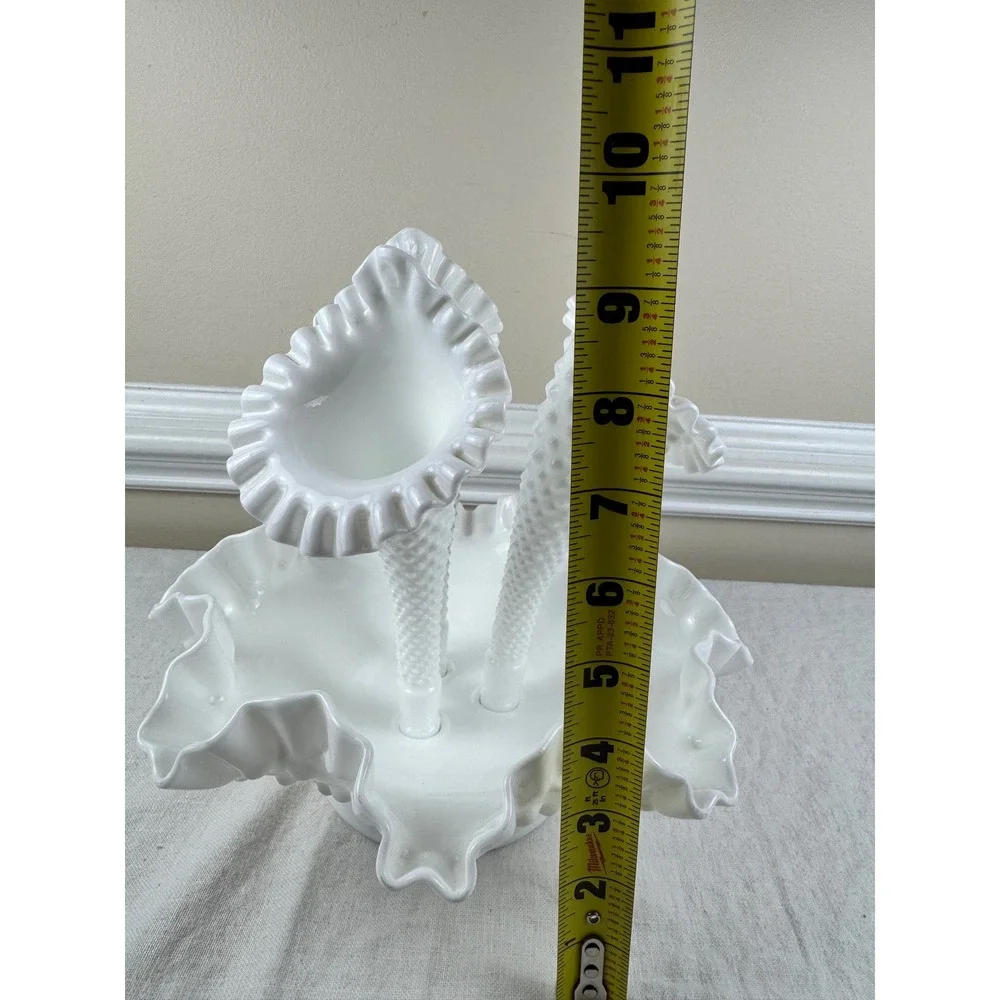 Fenton White Milk Glass Hobnail 3-Horn Epergne Ruffled Centerpiece Vase 4-Piece